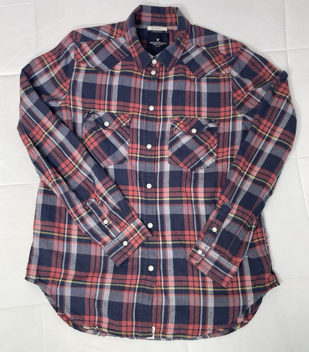 American Eagle Boyfriend Fit Plaid Western Snap Shirt Women’s Small